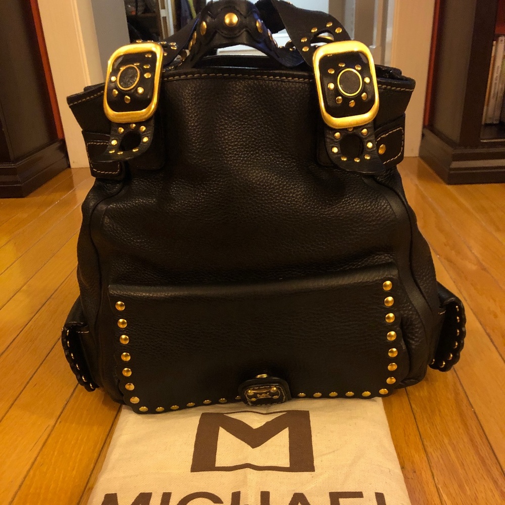 MICHAEL Michael Kors Black Pebbled Leather Backpack Tote with Gold Stud Hardware